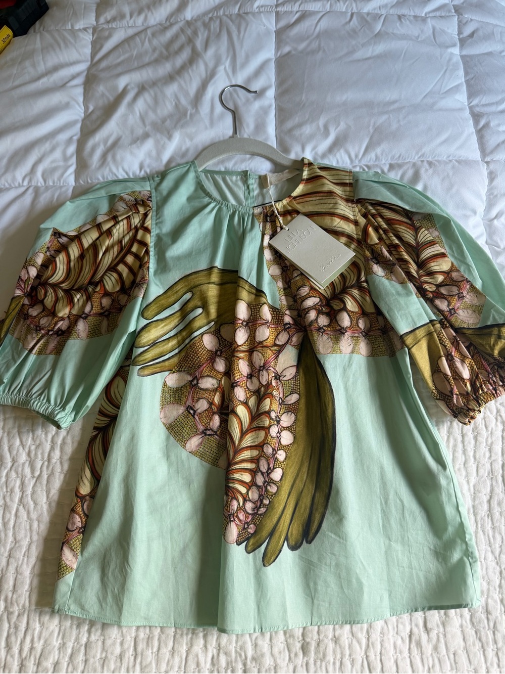 Ulla Johnson Mint Green Botanical Puff-Sleeve Blouse